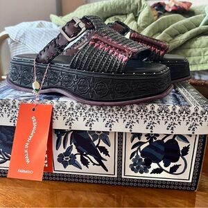 Farm Rio Black Woven Platform Sandals